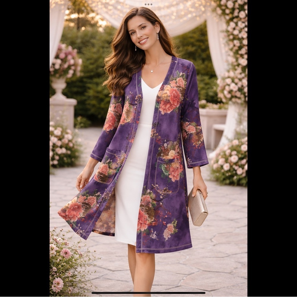 Solitaire Purple Floral Duster Kimono Peony Boho Wedding Guest Layer M